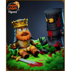 Monty Python revisité en version chibi : le Chevalier Noir imperturbable et un roi Arthur médusé