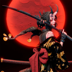 "Détail du kimono noir aux motifs dorés et de la composition dynamique avec rubans rouges