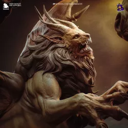 une manticore, créature mythique au corps de lion, ailes de chauve-souris et queue de scorpion.