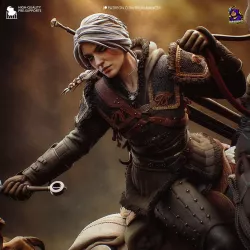 Ciri est représentée en posture de combat, armée et prête à user de ses compétences de sorceleus