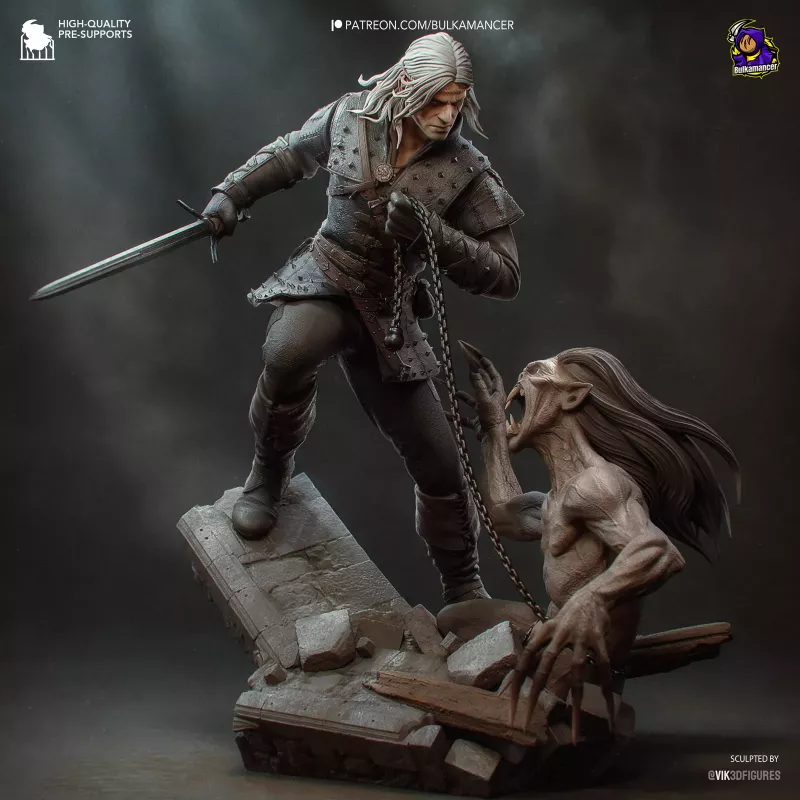Geralt de Riv maîtrise une créature enchaînée dans ce diorama spectaculaire de Bulkamancer Sculpts