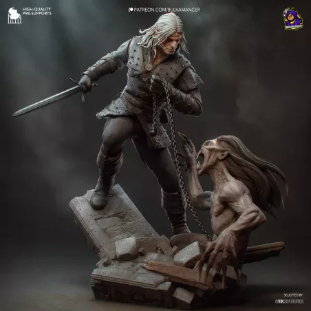 Geralt de Riv maîtrise une créature enchaînée dans ce diorama spectaculaire de Bulkamancer Sculpts