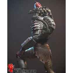 Détail de l’armure : focus sur les textures, les plaques et les ornements.