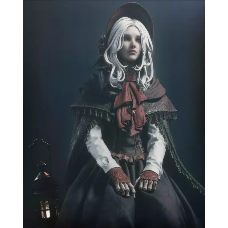 Portrait de la Poupée Silencieuse de Bloodborne - Admirez les détails exceptionnels du visage, la chevelure argentée cascade.