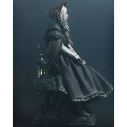 la cape ornée de dentelles et les manches bouffantes de la chemise blanche.