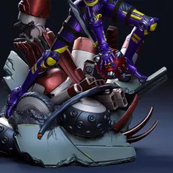 Armure cybernétique violette aux accents jaunes, inspirée du style Motorball avec le numéro 99 bien visible sur l’épaule