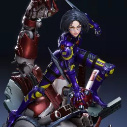 Figurine cyberpunk ultra‑détaillée d’héroïne en armure violette,