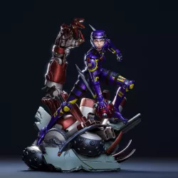 Perchée sur des débris mécaniques réalistes évoquant un affrontement robotique