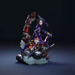 Sur l’épaule, on distingue clairement le numéro 99, typique des représentations d’Alita dans son armure Motorball.