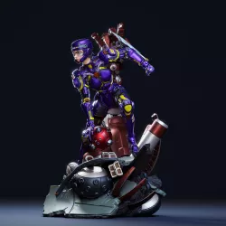 La sculpture met en valeur une impression de vitesse, de puissance et de concentration