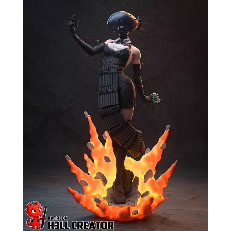 Cette vue de profil met en valeur la silhouette élancée de Reze et révèle des détails essentiels de sa transformation.