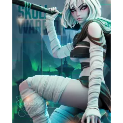 Ses bandages caractéristiques enroulés sur les membres créent un contraste saisissant avec la palette noir-turquoise.