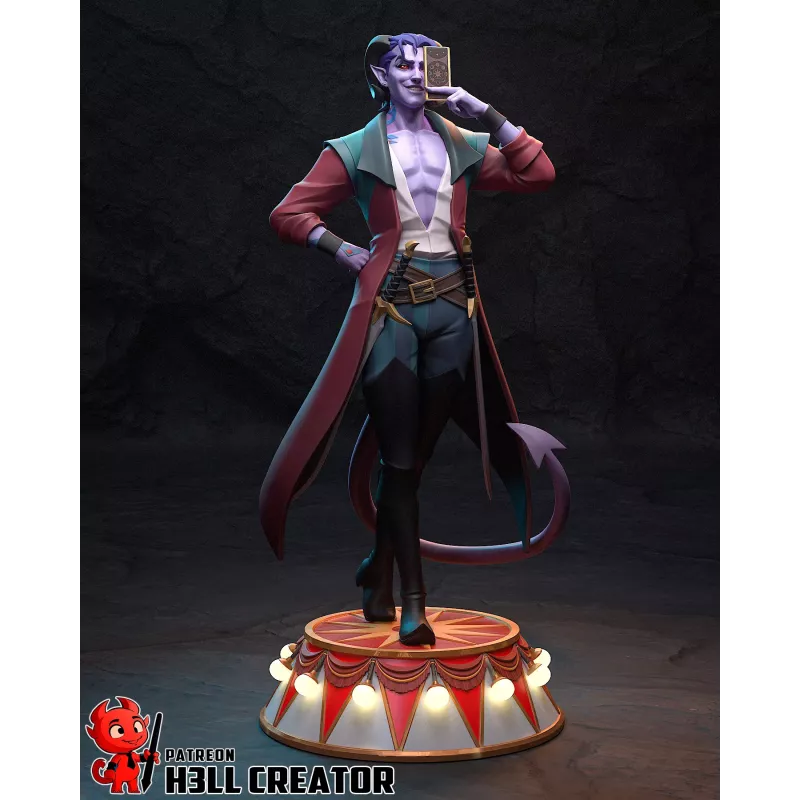 Figurine Mollymauk Tealeaf Critical Role par Hell Creator - Tieffelin Blood Hunter avec socle cirque illuminé