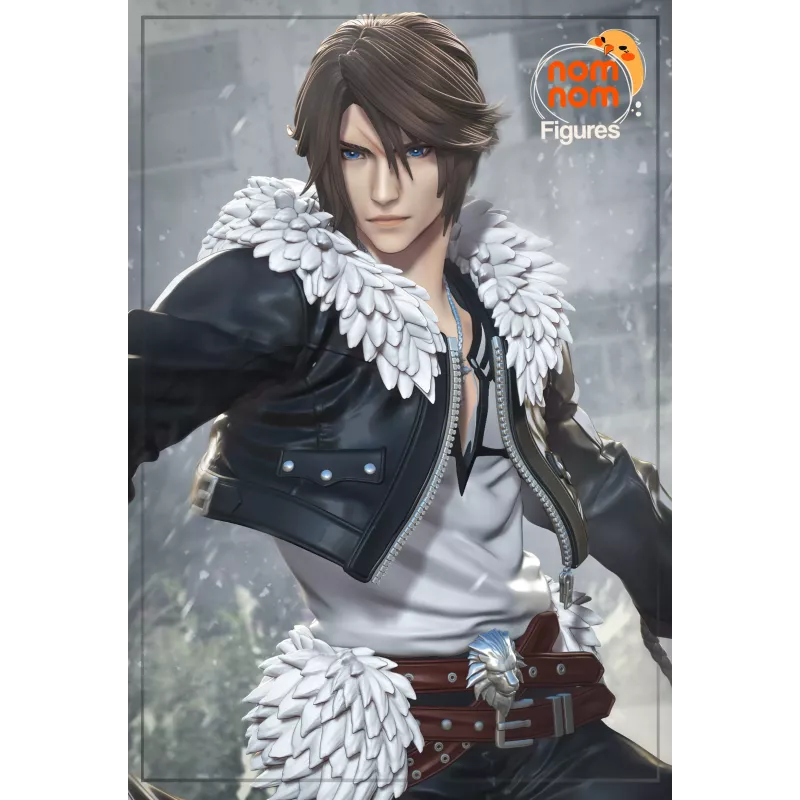 Figurine Squall Leonhart Final Fantasy VIII - nom nom Figures | Vue portrait avec col en plumes blanches iconique