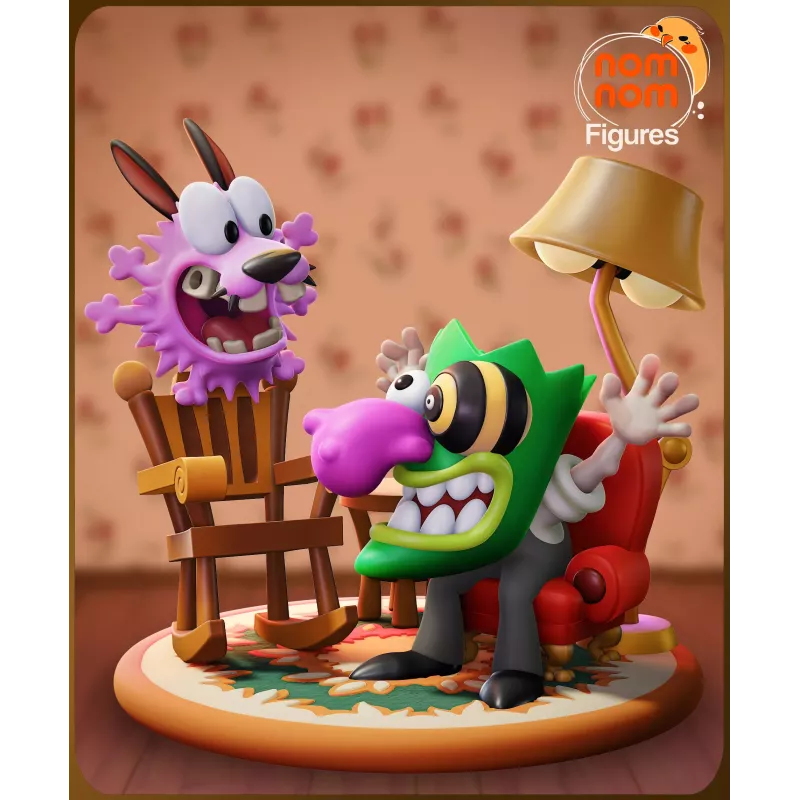 Figurine diorama de "Courage le Chien Froussard" représentant la scène où Eustache,  "Ooga Booga", effraie Courage