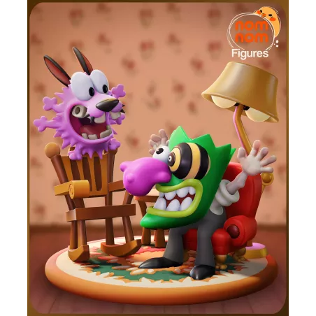 Figurine diorama de "Courage le Chien Froussard" représentant la scène où Eustache,  "Ooga Booga", effraie Courage