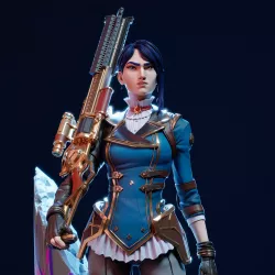 Expression déterminée de la Shérif de Piltover. Cheveux bleu nuit sculptés avec précision, traits du visage finement ciselés.