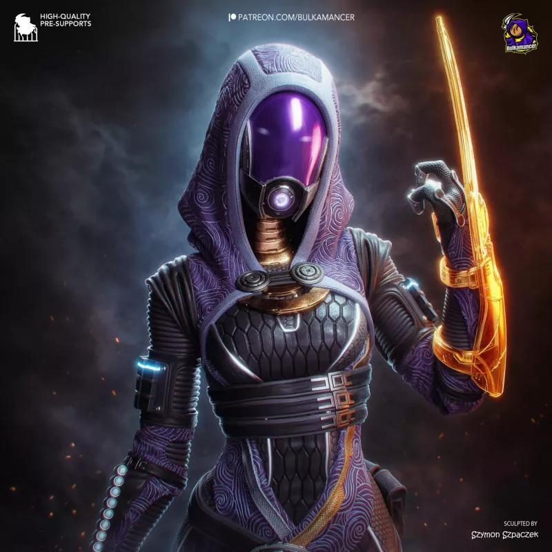 Profil héroïque de Tali'Zorah nar Rayya — Figurine 3D Mass Effect violette avec capuche, armes et base chromée