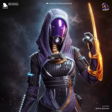 Profil héroïque de Tali'Zorah nar Rayya — Figurine 3D Mass Effect violette avec capuche, armes et base chromée