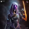 Profil héroïque de Tali'Zorah nar Rayya — Figurine 3D Mass Effect violette avec capuche, armes et base chromée
