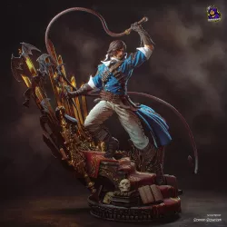 Figurine 3D haute qualité — Richter Belmont debout sur le trône gothique de Dracula, fouet en action, cape au vent.