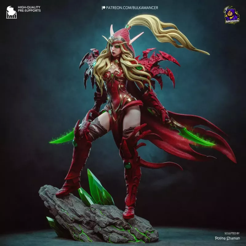 Valeera Sanguinar, l'elfe de sang roublarde de Warcraft, brandissant ses lames jumelles vert néon