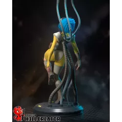 Vue arrière de la figurine Motoko Kusanagi – câbles torsadés et détails de l'équipement cyberpun