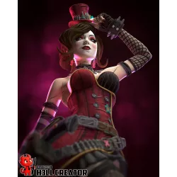 Le regard perçant de Moxxi, sublimé par un maquillage scénique et des mèches châtain-roux volumineuses.