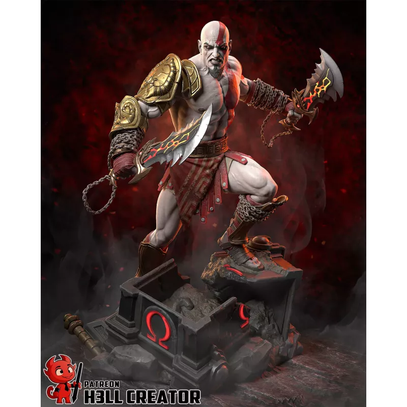 Vue de face de Kratos en posture d’attaque, armé des Lames du Chaos.