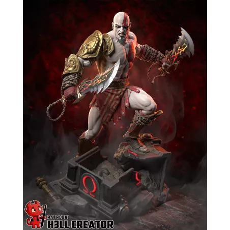 Vue de face de Kratos en posture d’attaque, armé des Lames du Chaos.