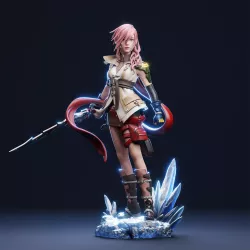 La guerrière Lightning, représentée avec sa chevelure rose et son style futuriste caractéristique.