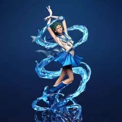 Des volutes d’eau entourent Sailor Mercury dans une composition spectaculaire.