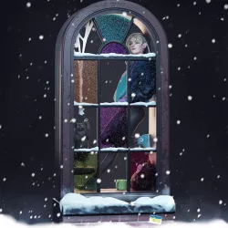 Vue frontale du diorama Spider-Gwen, avec la figurine visible derrière une grande fenêtre gothique enneigée,