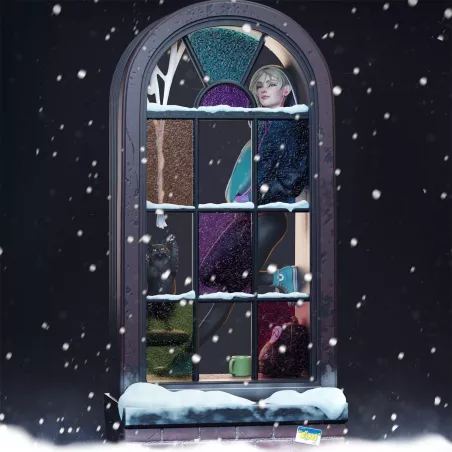 Vue frontale du diorama Spider-Gwen, avec la figurine visible derrière une grande fenêtre gothique enneigée,