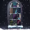 Vue frontale du diorama Spider-Gwen, avec la figurine visible derrière une grande fenêtre gothique enneigée,
