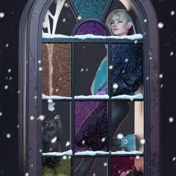 Gros plan sur la figurine Spider-Gwen et son décor intérieur, avec les détails du visage, des vêtements,