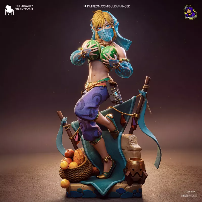 Link en tenue Gerudo, pose dynamique tenant deux melons et voile translucide bleu, détails dorés et expression déterminée.