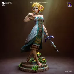 Vue frontale complète de Zelda avec son socle décoratif inspiré de l’univers fantasy.