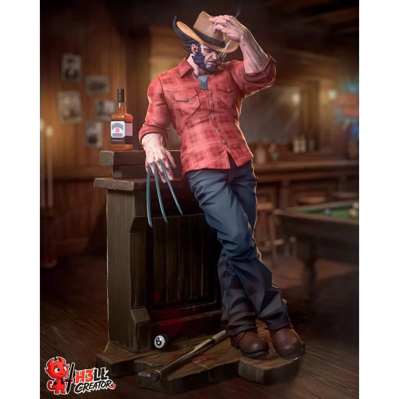 Vue d’ensemble de Logan dans une pose décontractée, appuyé sur un comptoir de saloon,