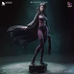 La figurine de Re-L Mayer dans une pose dynamique, tenant son arme futuriste tandis que son manteau est emporté par le vent.