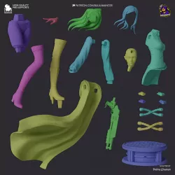 Présentation des différents éléments du modèle 3D avant assemblage : corps, vêtements, cheveux, manteau,