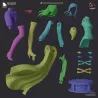 Présentation des différents éléments du modèle 3D avant assemblage : corps, vêtements, cheveux, manteau,