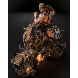 Dos de la figurine montrant l’armure, le bouclier et l’épée de He-Man, ainsi que la posture dynamique de Battle Cat