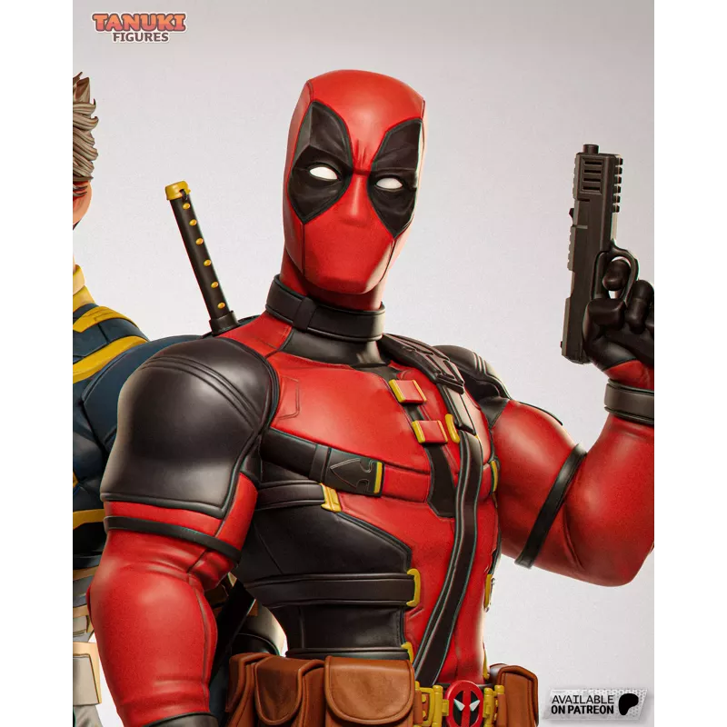 Figurine à peindre Deadpool  – gros plan sur le buste montrant le costume rouge et noir, les sangles tactiques et la ceinture