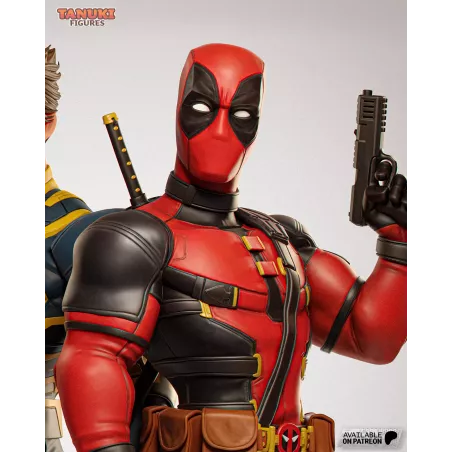 Figurine à peindre Deadpool  – gros plan sur le buste montrant le costume rouge et noir, les sangles tactiques et la ceinture