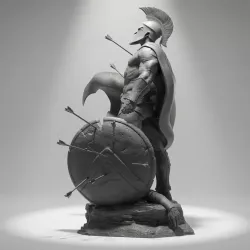 Vue de profil, bouclier hoplite criblé de flèches, détail du casque à crête spartiate.