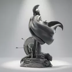Vue arrière, cape sculptée en plein mouvement, corps de l'ennemi vaincu au pied du socle.