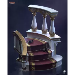 Le socle architectural à lui seul : escalier de marbre, tapis rouge et or, balustres sculptés —