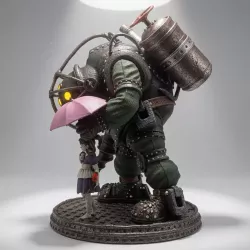 Détail du dos massif du Big Daddy, avec sa cuve dorsale, ses tuyaux entremêlés et sa roue de valve.