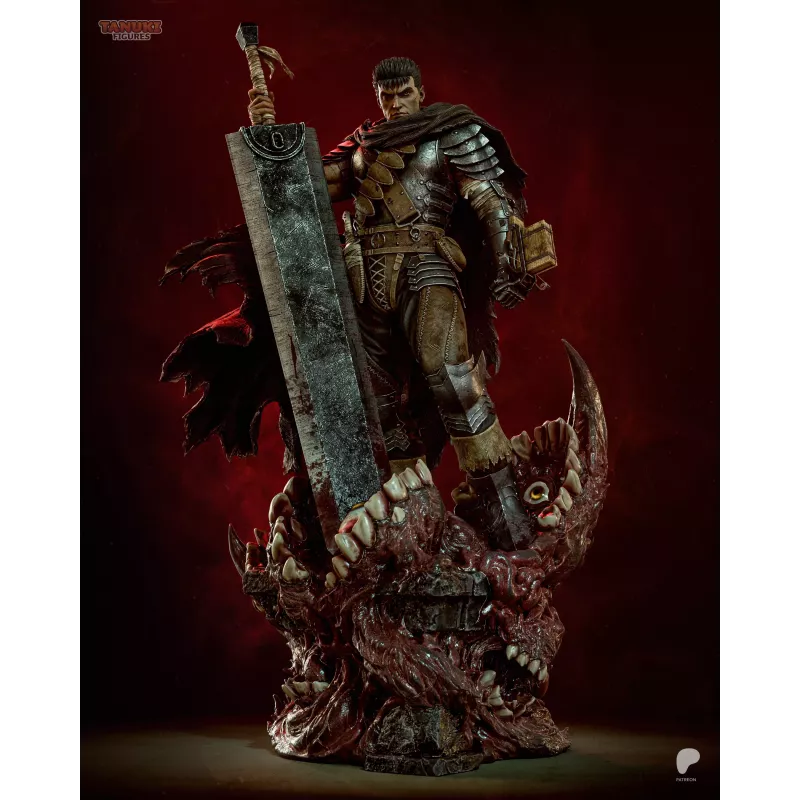Guts, le Guerrier Noir, dominant un socle infernal armé de sa monumentale Dragon Slayer.